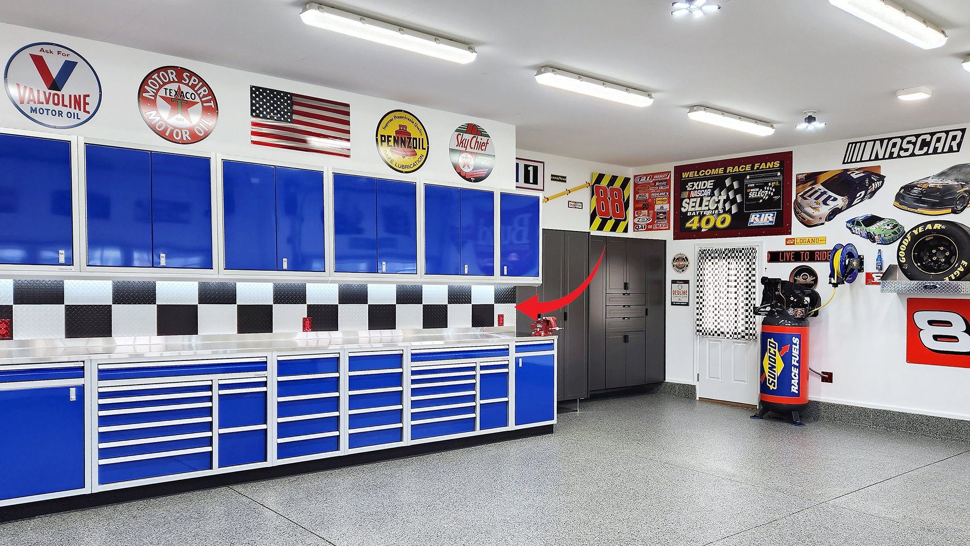 MaxTile wainscoting used in a race care themed garage