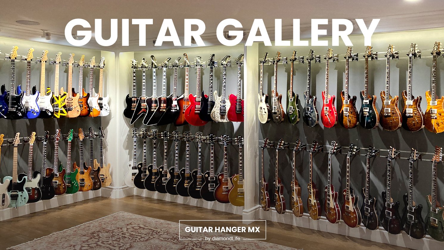 Many guitar hangers used in room full of guitars