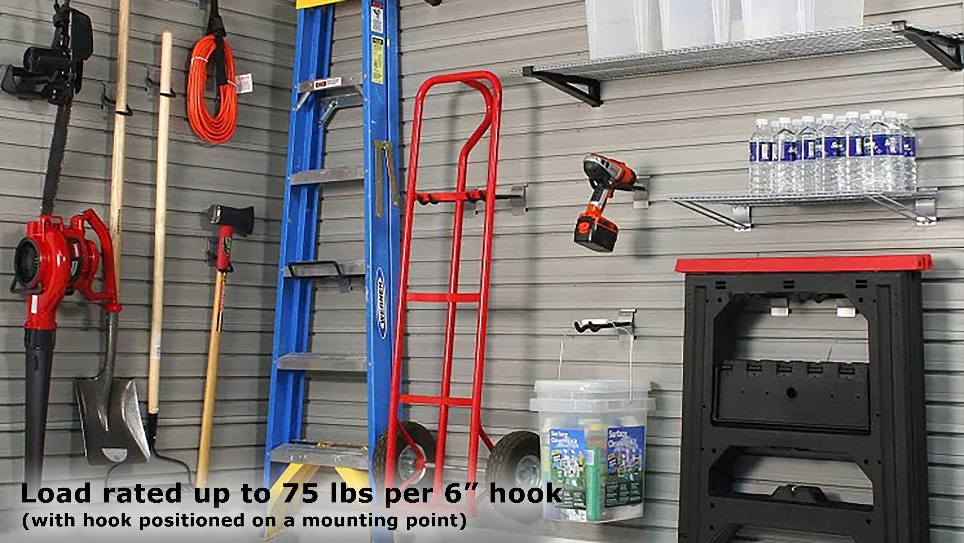 Load rated up to 75 lbs per 6 inch hook