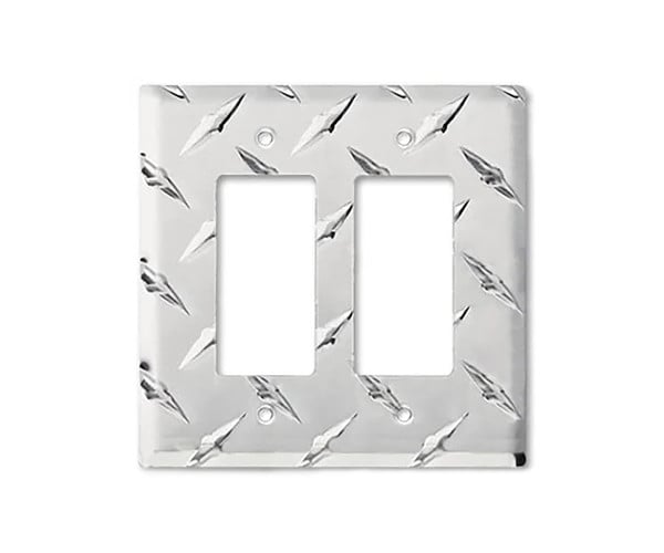 Formula 1 Wall Plate™ double GFI cover made from diamond plate metal.