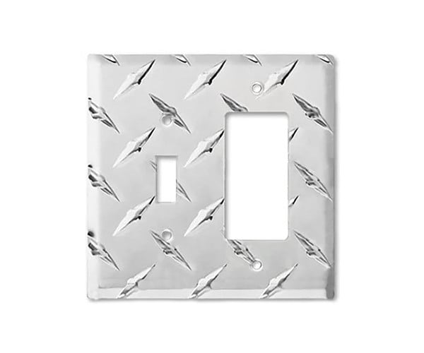 Formula 1 Wall Plate™ GFI and toggle switch combo cover made from diamond plate metal.