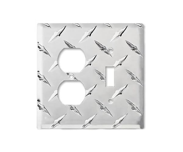 Formula 1 Wall Plate™ toggle switch and outlet combo cover made from diamond plate metal.