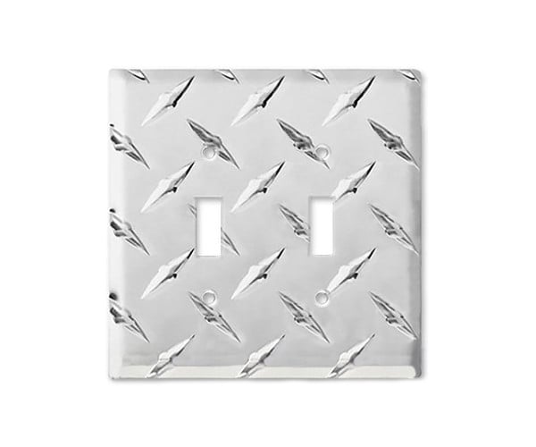 Formula 1 Wall Plate™ double toggle switch cover made from diamond plate metal.