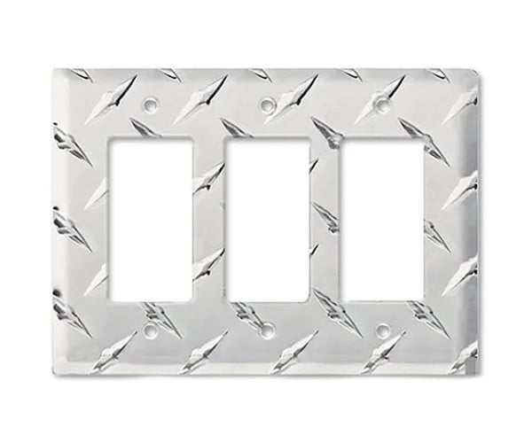 Formula 1 Wall Plate™ triple GFI cover made from diamond plate metal.