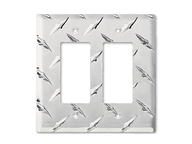 Formula 1 Wall Plate XL™ double GFI cover made from diamond plate metal.