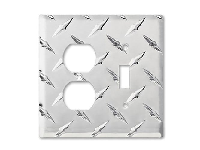 Formula 1 Wall Plate™ toggle switch and outlet combo cover made from diamond plate metal.
