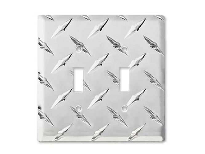 Formula 1 Wall Plate™ double toggle switch cover made from diamond plate metal.
