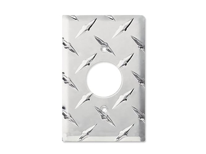 Formula 1 Wall Plate XL™ cover for a 230VAC round plug outlet made from diamond plate metal.
